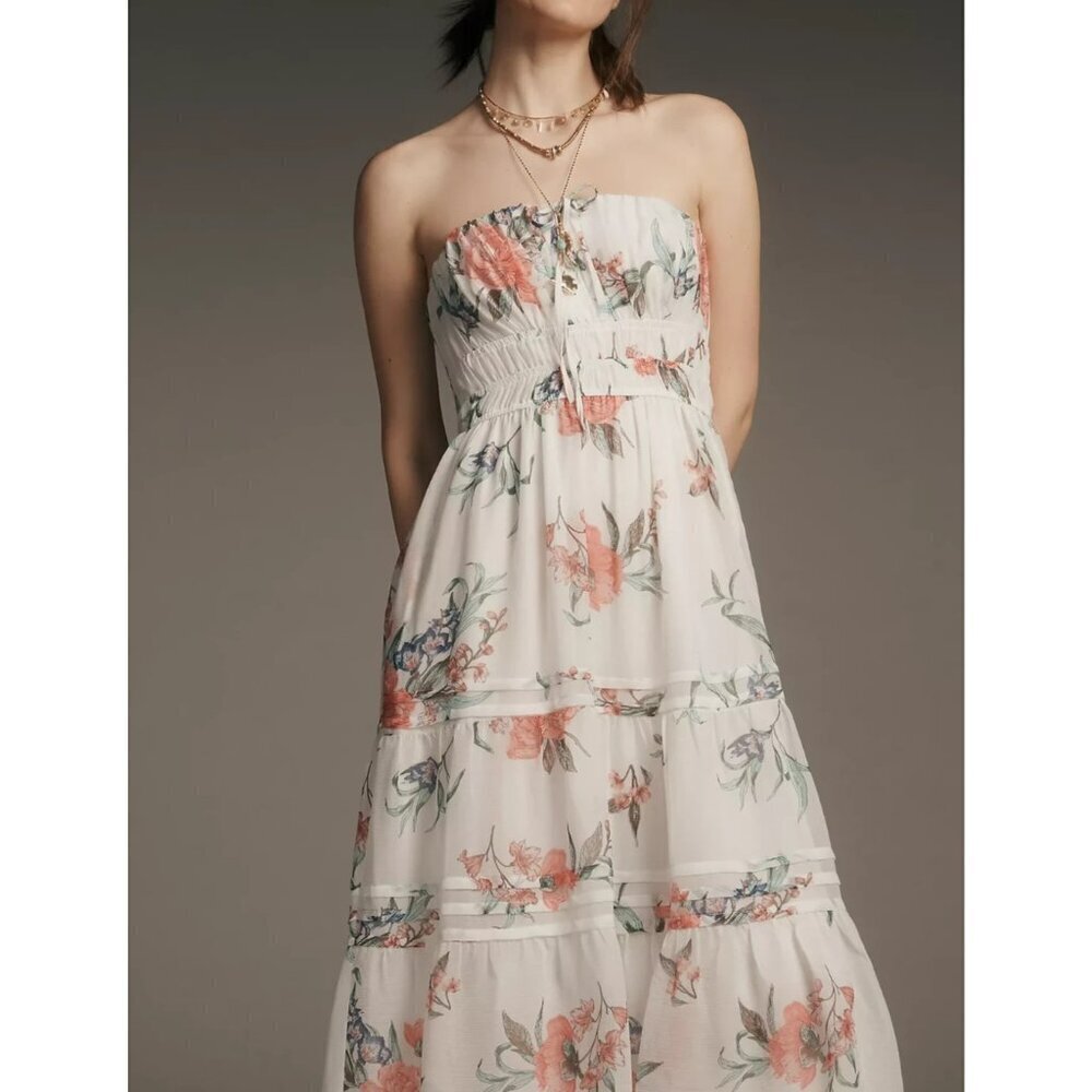The Somerset Strapless Chiffon Midi Dress White Pink Floral M